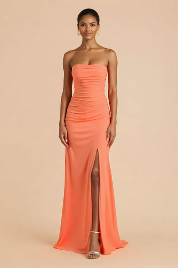 Orange Strapless Ruched Sheath Long Bridesmaid Dress with Slit